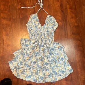 size large shein blue and orange floral patterned ruffled cutout dress